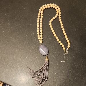 Wooden Beaded Pendant Necklace With Gray Tassel